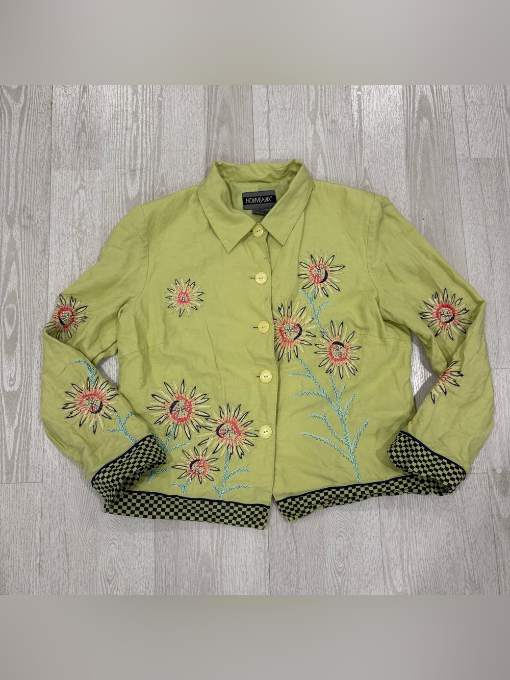 Nouveaux Lime Green Embroidered Sunflower Button-Down Jacket Size 8